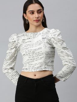 SHOWOFF - Women Boat Neck Puff Sleeves Printed Off White Crop Top