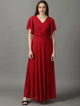 SHOWOFF - Womens Fit & Flare Red Printed Maxi Dress