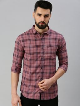 SHOWOFFFF - Men Roll-Up Sleeves Pink Gingham Checks Shirt