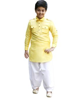 Manyavar - Boys Yellow Blended Cotton Plain Kurta Patiala (set Of 2)