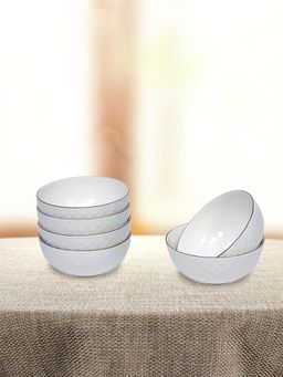 At Home by Nilkamal - Gold Ripple Ceramic 240 Ml Bowl Set of 6 (White)