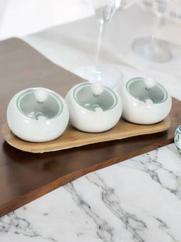 At Home by Nilkamal - Condiment Set of 3 Piece With Sponn (White & Brown)