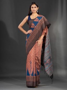CHARUKRITI - Dark Rust Handspun Cotton Hand Woven Soft Saree with Kotki Design with Unstitched Blouse