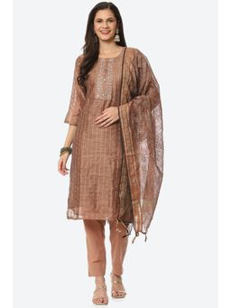 Biba - Brown Cotton Stripes & Embroidered Unstitched Suit (Set of 3)