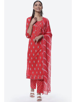Biba - Red Cotton Unstitched Suit (Set of 3)