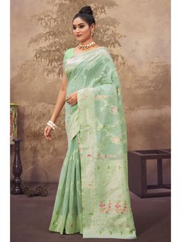 EXCLUSIVA - Light Green Cotton Silk Banarasi Saree with Unstitched Blouse