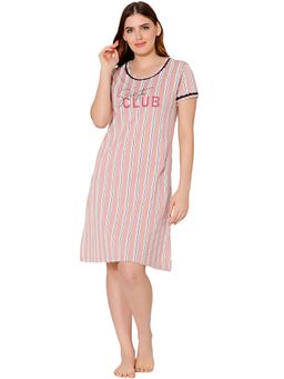 Bodycare - Womens Combed Cotton Round Neck Striped Short Night Dress -BSN9013 Pink