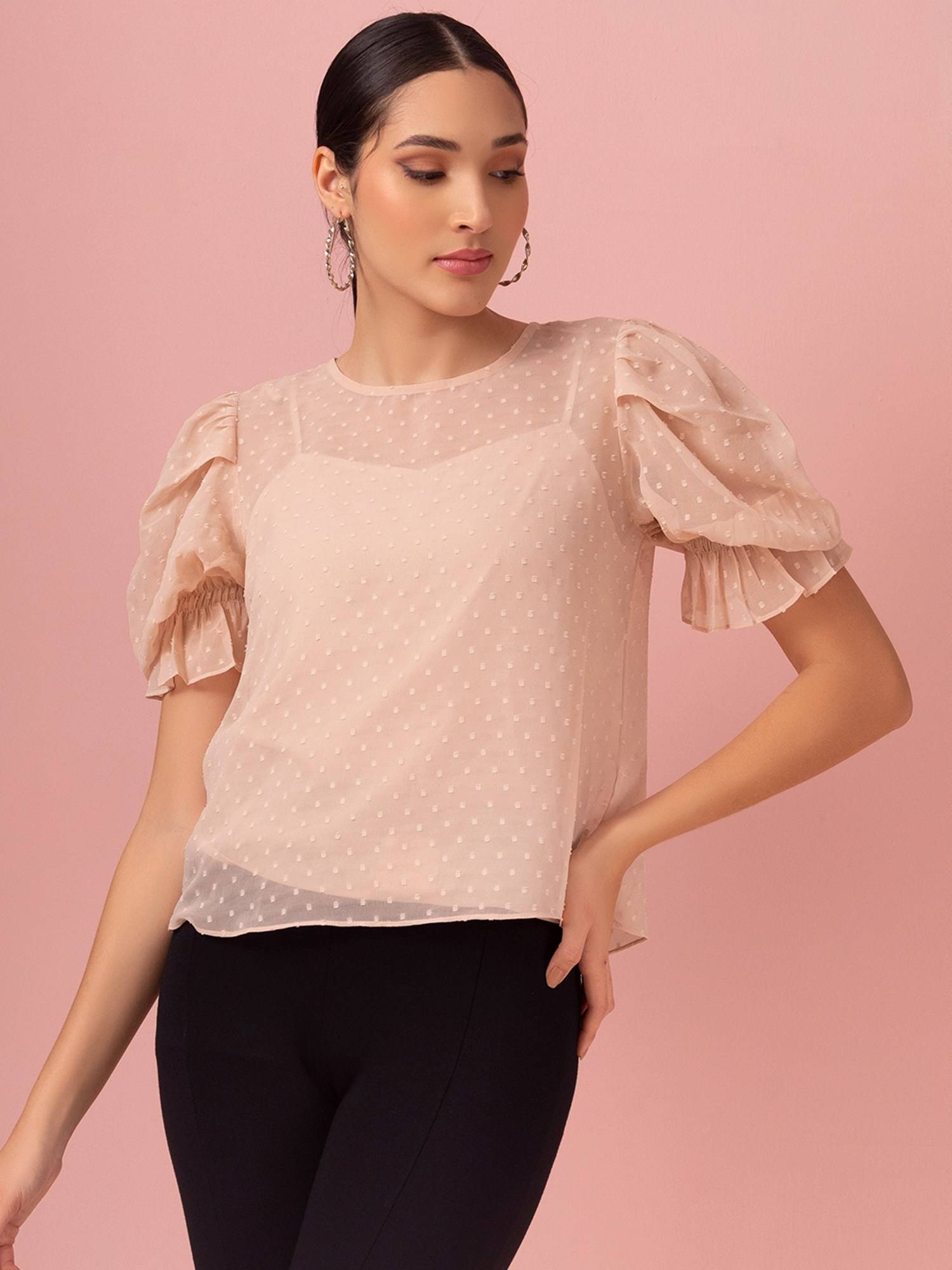 Buy FabAlley Light Peach Puff Sleeve Blouse with Camisole (Set of