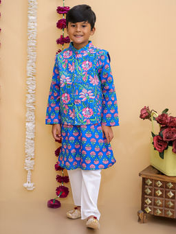 The Mom Store - Blue Royale Boys Floral Print Jacket and Kurta Pajama Set (Set of 3)