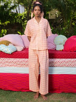 Naav - Womens Peach Checked Cotton Nightsuit
