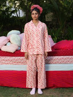 Naav - Womens Pink Checkerboard Cotton Nightsuit
