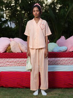 Naav - Womens Peach Striped Cotton Nightsuit