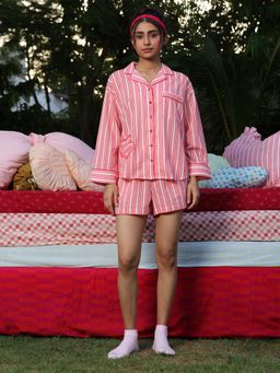 Naav - Womens Pink Striped Cotton Nighsuit
