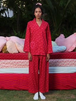 Naav - Womens Red Floral Printed Cotton Nightsuit