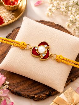 Estele - Elegant Pearl & Red Enamel Designer Rakhi With Crystal Accents