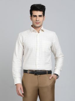 Greenfibre - Slim Fit Checks Light Yellow Poly Cotton Formal Shirt