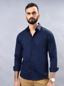 Greenfibre - Slim Fit Solid Navy Blue Cotton Casual Shirt