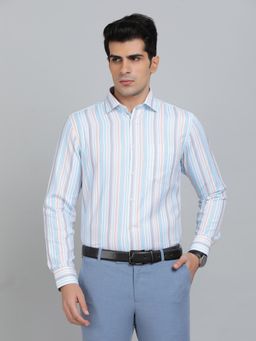 Greenfibre - Slim Fit Stripes Light Blue Cotton Blend Formal Shirt