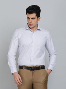 Greenfibre - Slim Fit Stripes Light Grey Cotton Blend Formal Shirt