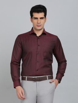 Greenfibre - Slim Fit Stripes Maroon Cotton Blend Formal Shirt