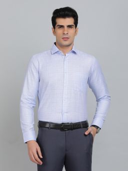 Greenfibre - Slim Fit Checks Light Blue Cotton Blend Formal Shirt