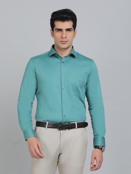 Greenfibre - Slim Fit Solid Green Cotton Blend Party Wear Shirt
