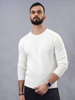 JadeBlue - Slim Fit Textured White Cotton Winter Sweatshirt