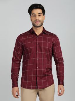 JadeBlue - Slim Fit Checks Maroon Cotton Blend Casual Shirt
