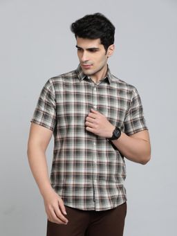 JadeBlue - Slim Fit Checks Olive Green Cotton Casual Shirt