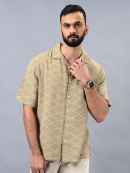 JadeBlue - Slim Fit Printed Khaki Cotton Casual Shirt