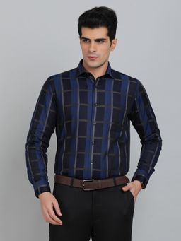 Metal - Slim Fit Checks Metal Black and Blue Cotton Formal Shirt