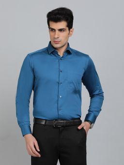 Metal - Slim Fit Solid Metal Blue Cotton Formal Shirt