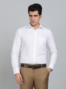 Metal - Slim Fit Stripes Metal White Cotton Formal Shirt