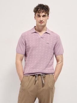 The Bear House - Mens Pink Cotton Self Design Slim Fit Polo T-Shirt