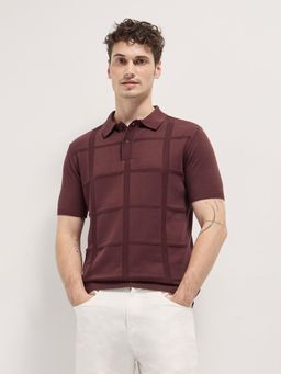The Bear House - Mens Maroon Cotton Self Design Slim Fit Polo T-Shirt