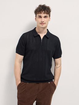 The Bear House - Mens Black Cotton Self Design Regular Fit Polo T-Shirt