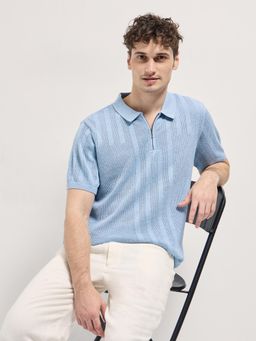 The Bear House - Mens Blue Cotton Self Design Regular Fit Polo T-Shirt