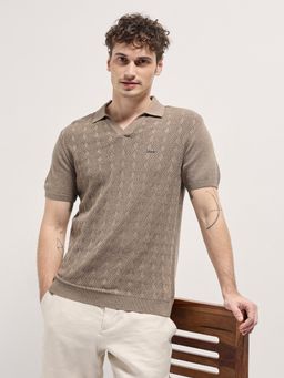 The Bear House - Mens Brown Cotton Self Design Slim Fit Polo T-Shirt