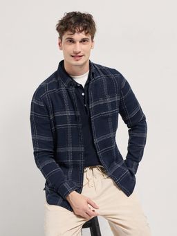 The Bear House - Mens Navy Blue Checks Slim Fit Casual Shirt