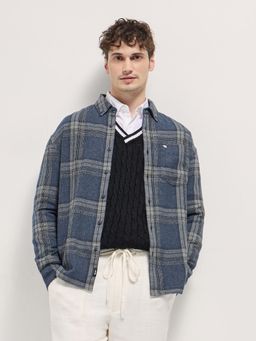 The Bear House - Mens Blue Cotton Checks Relaxed Fit Flannel Shacket