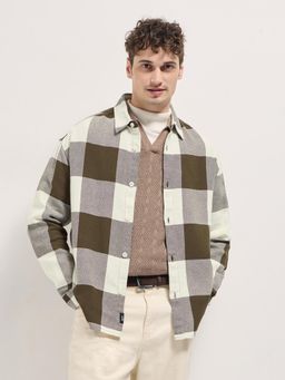 The Bear House - Mens Olive Cotton Checks Relaxed Fit Flannel Shacket