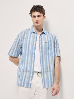 The Bear House - Mens Blue Cotton Stripes Relax Fit Shirt