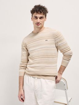 The Bear House - Mens Beige Cotton Stripes Slim Fit Sweater