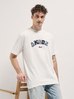 The Bear House - Mens White Cotton Graphic Patchwork Oversize T-Shirt