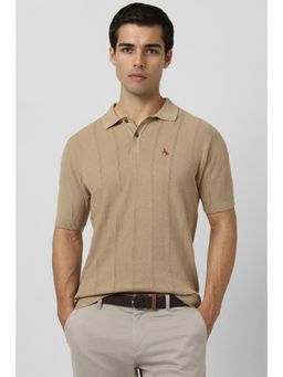Van Heusen - Men Khaki Textured Collar Neck Polo T-Shirt