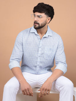 CRIMSOUNE CLUB - Men's Blue Printed Linen Shirt