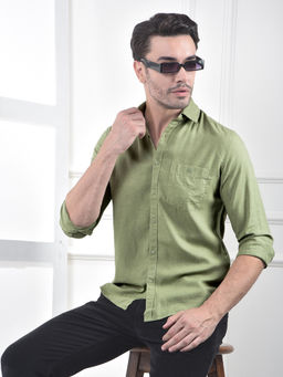 CRIMSOUNE CLUB - Men's Green Linen Blend Casual Shirt