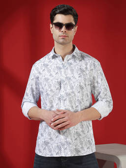 CRIMSOUNE CLUB - Men's Grey Floral Print Linen Shirt