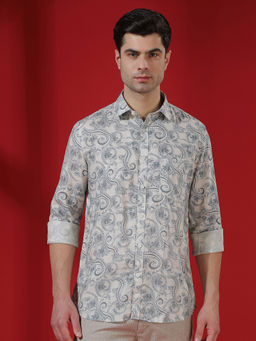 CRIMSOUNE CLUB - Mens Blue Floral Print Linen Short Kurta