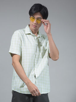 CRIMSOUNE CLUB - Men's Green Checked 100% Cotton Shirt